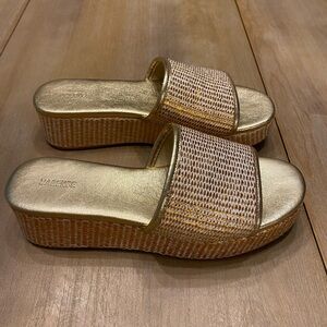 L'AGENCE Gold and Tan Woven Wedge Sandals